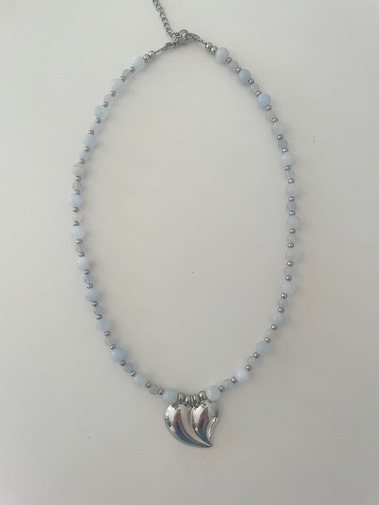 Vuen entière collier OCEANE pierre naturelle jade bleu ciel et argent