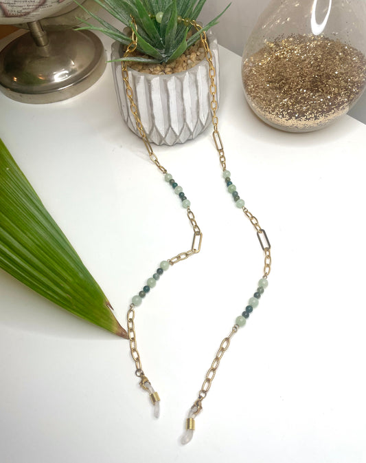 Vue à plat cordon lunettes doré jade vert agate