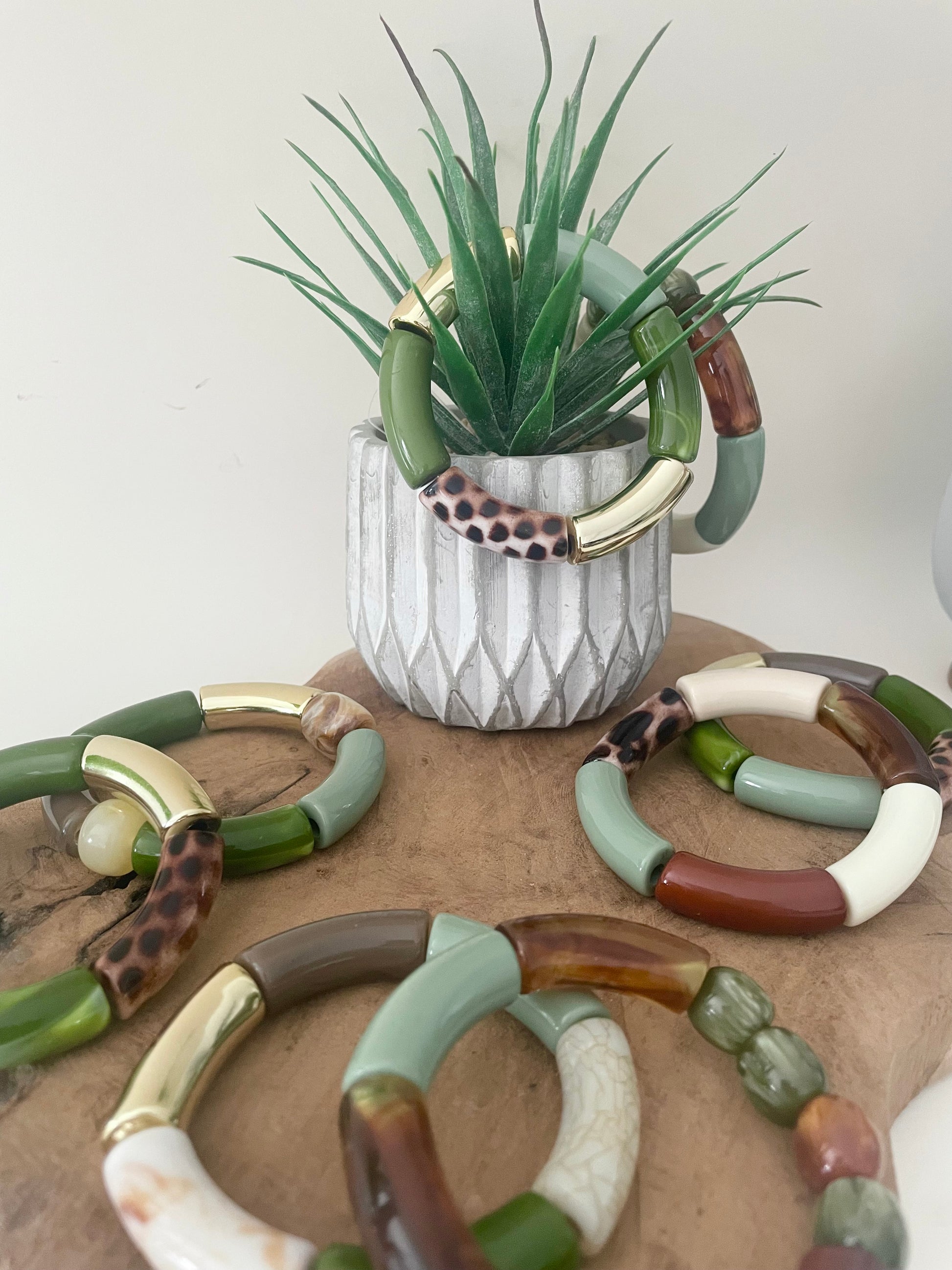 Ensemble bracelets LILIANE vert marron beige grosses perles tube tendance gros bijou