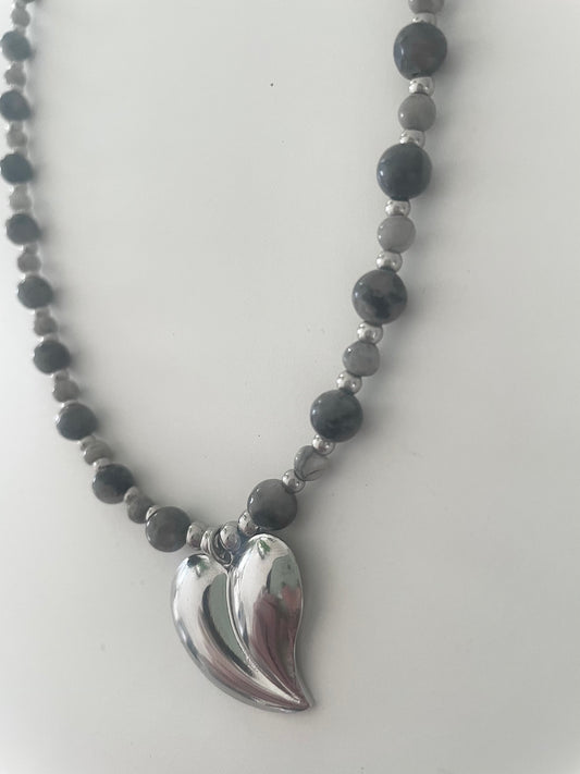 Collier OCEANE pierre naturelle labradorite et acier inox argent amour