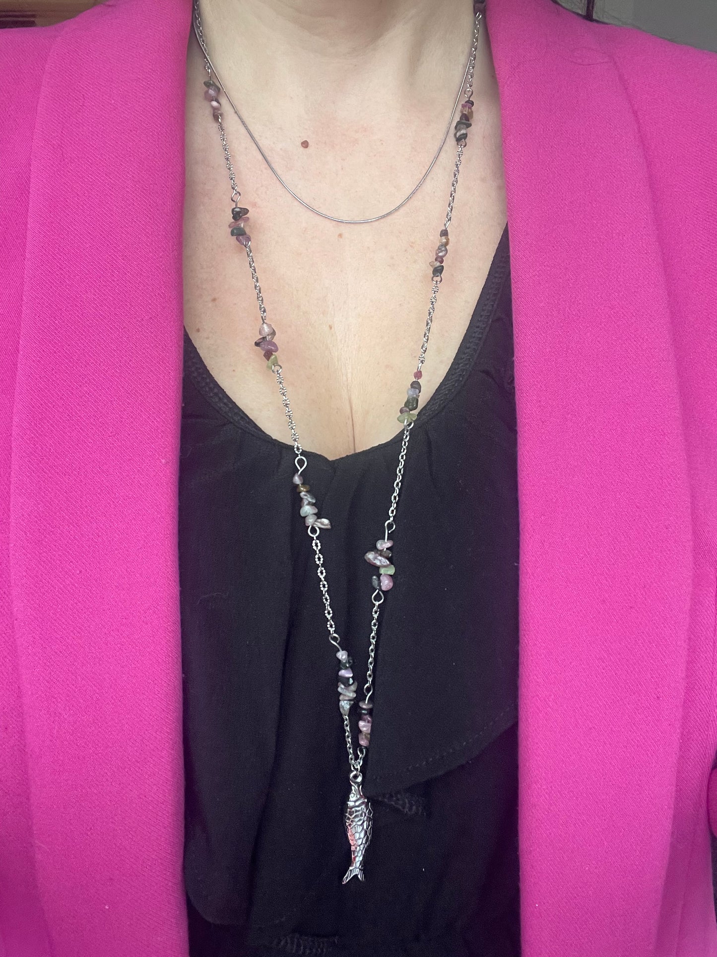 Porté sautoir tourmaline et poisson argent