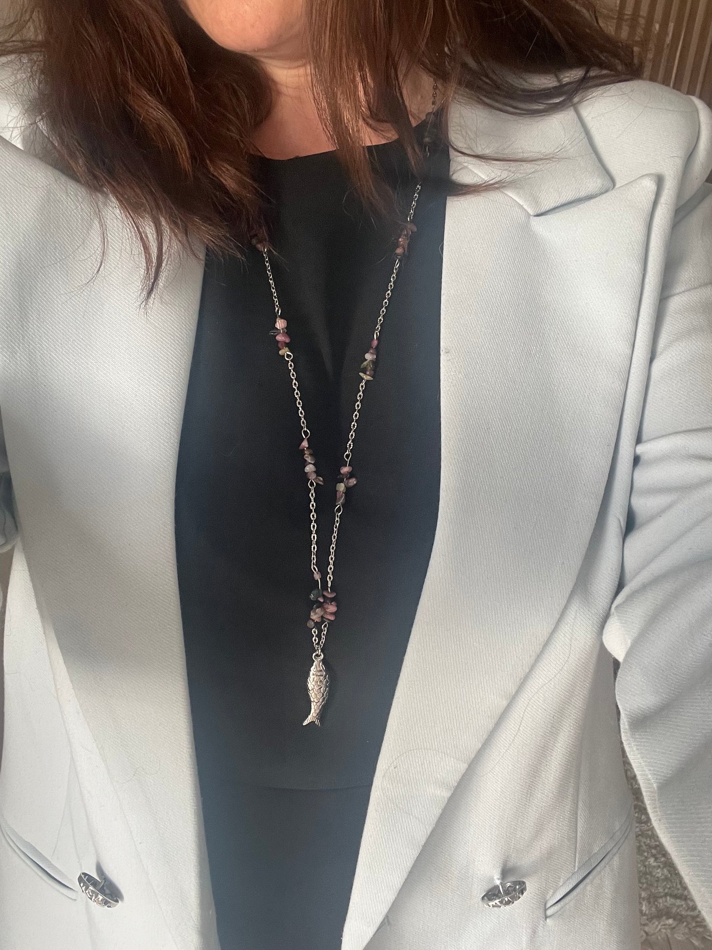 porté sautoir poisson argent et tourmaline fait main en france