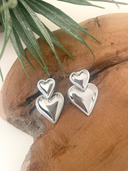 Boucles d’oreilles double coeur acier inox argenté mademoiselle bergamote