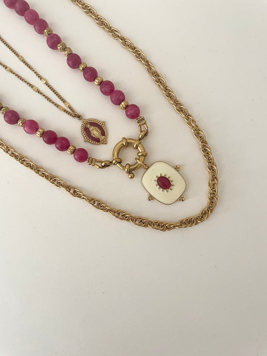 Collier pendentif doré or fin perles quartz rose framboise naturelles