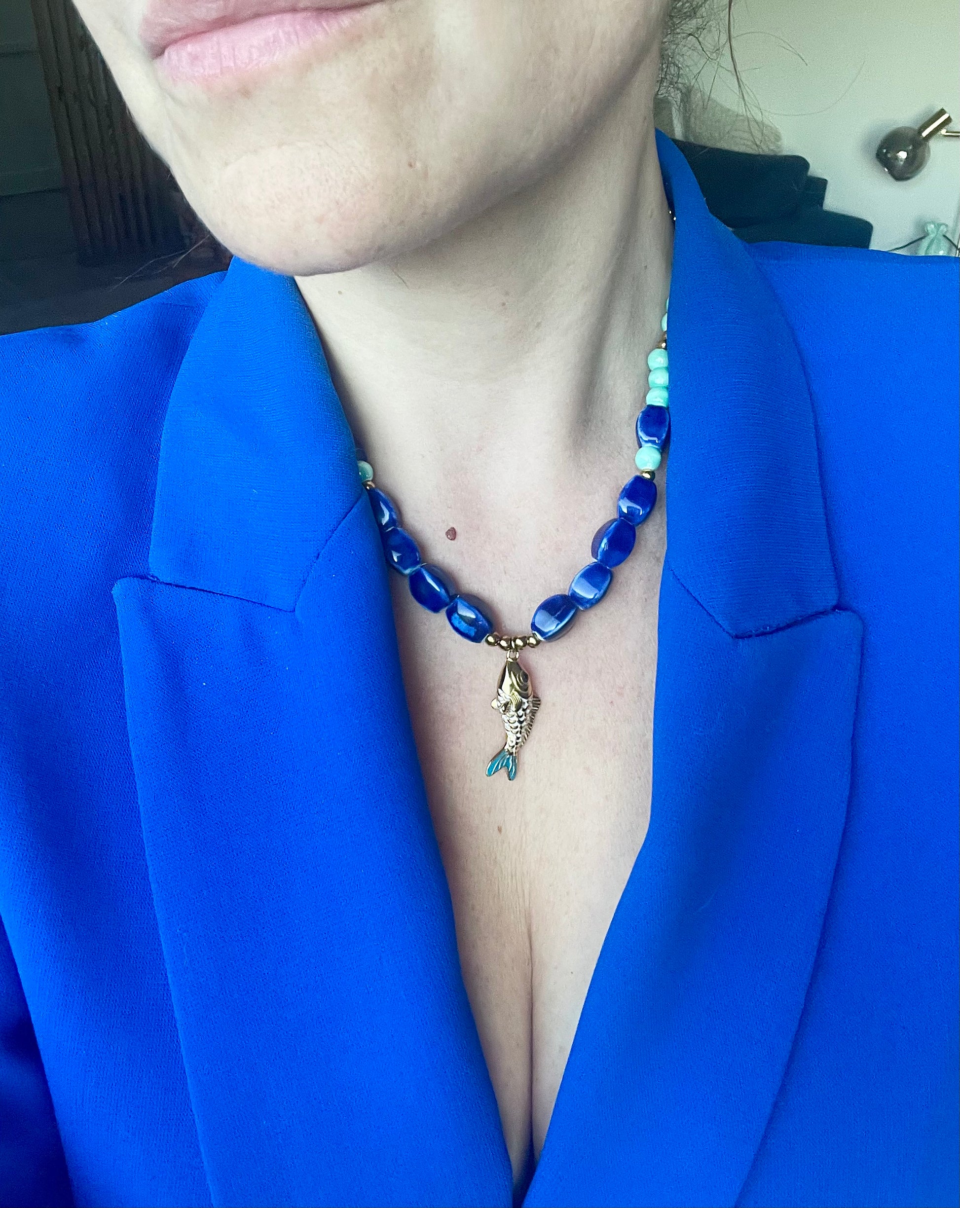 Perles céramique bleu marine turquoise collier unique fait main