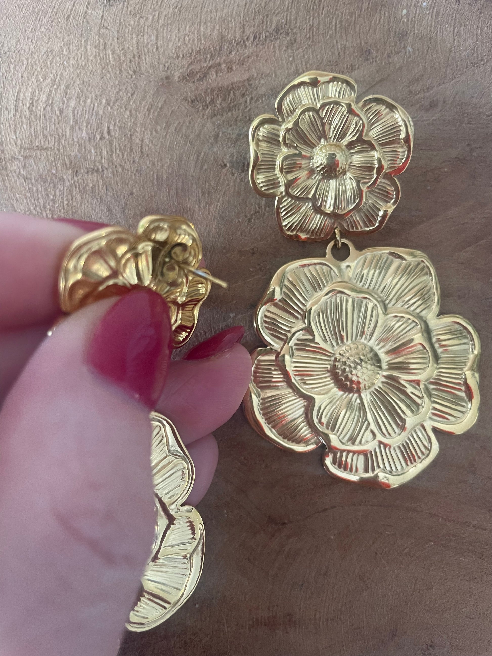 Arrière grosses boucles d'oreilles fleurs acier inox doré tendance gros bijou france