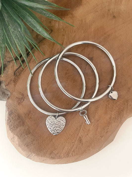 Lot de 3 bracelets joncs argentés la clef de ton cœur en acier inoxydable fait main