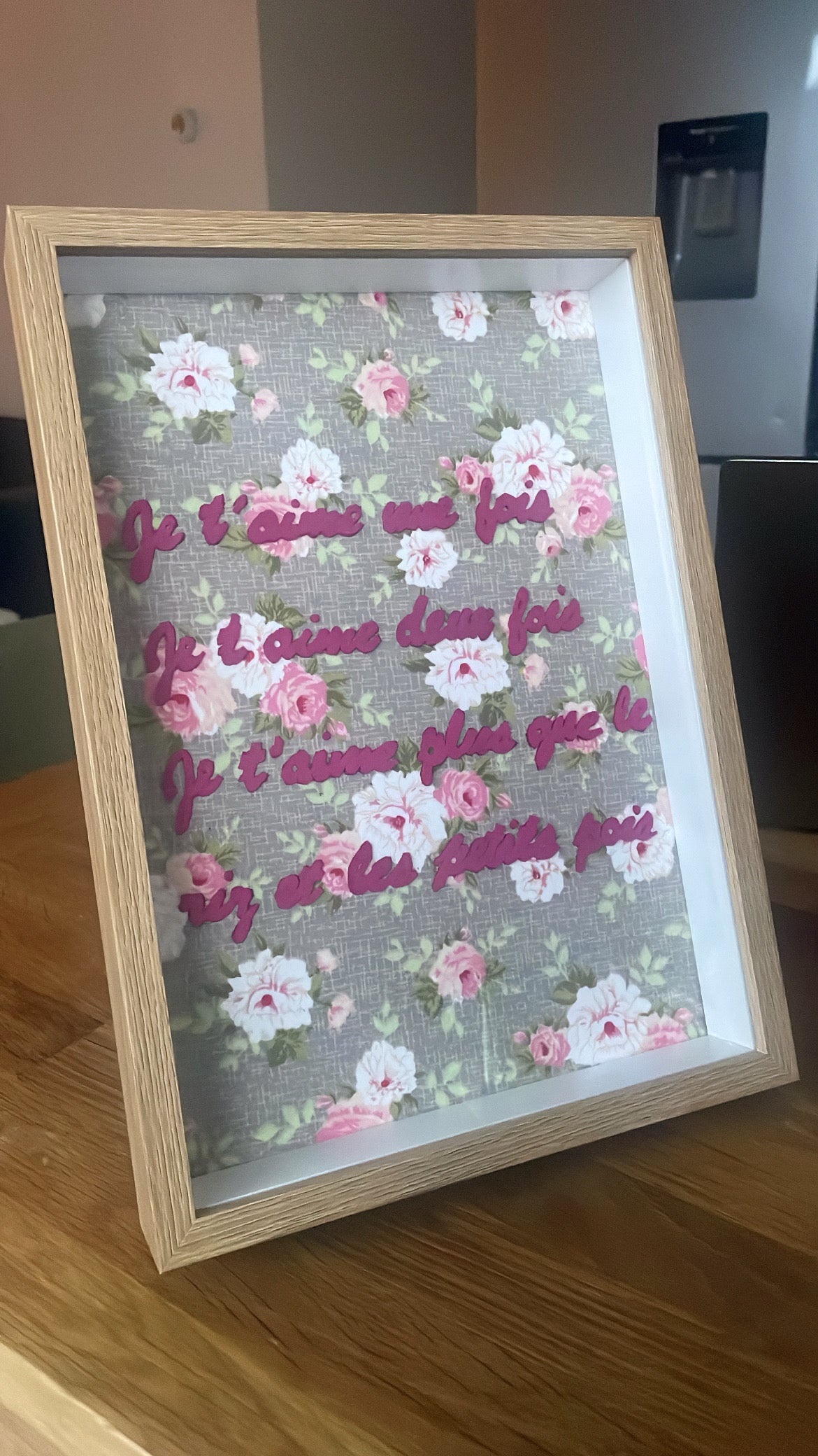 Cadre 3D je t’aime une fois citation fait main artisanat bois cuir tissu unique