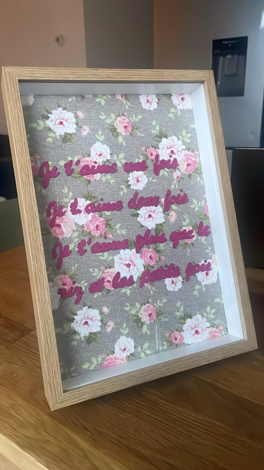 Cadre 3D je t’aime une fois citation fait main artisanat bois cuir tissu unique