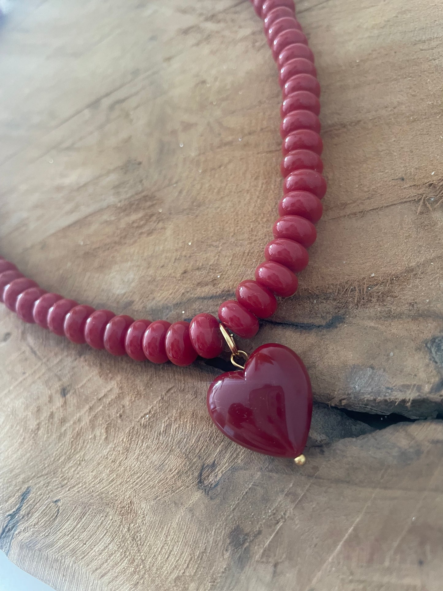  Collier perles verre bordeaux pendentif coeur bijou artisanal