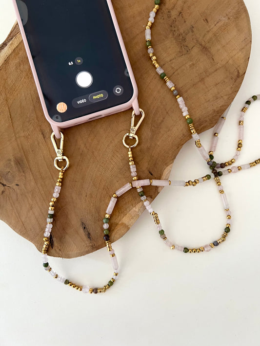 Chaîne pour téléphone en pierre naturelle quartz rose et doré