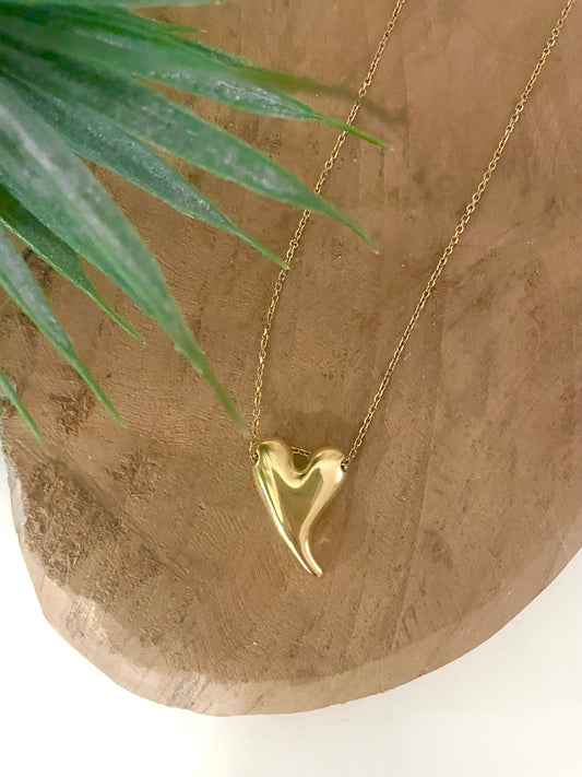 Collier pendentif asymétrique coeur doré chaîne fine