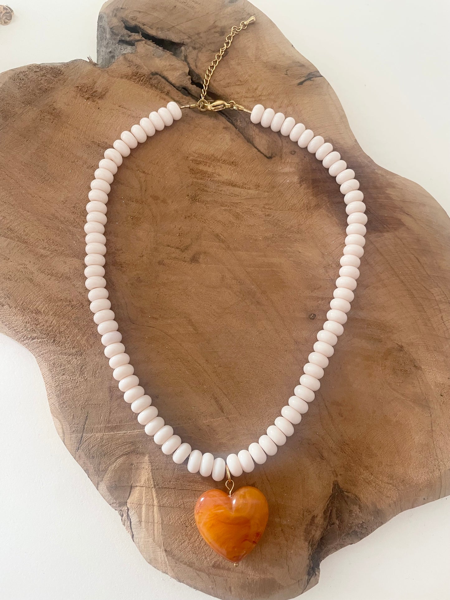  Collier perles verre orange ambré pendentif coeur bijou chaleureux
