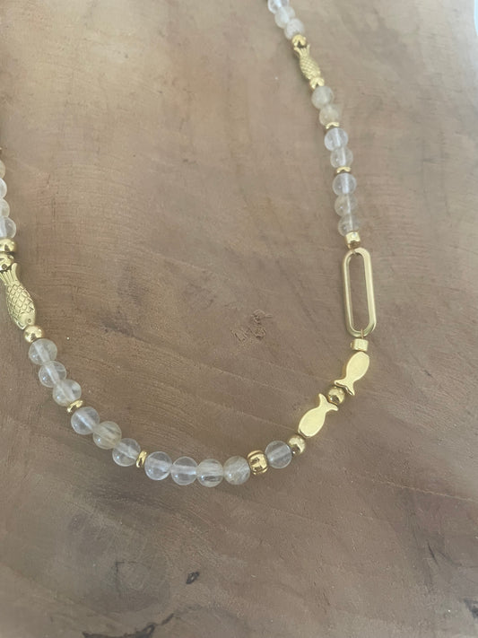 Collier court - ras de cou le poisson Jeanne en pierre naturelle quartz transparent jaune et doré
