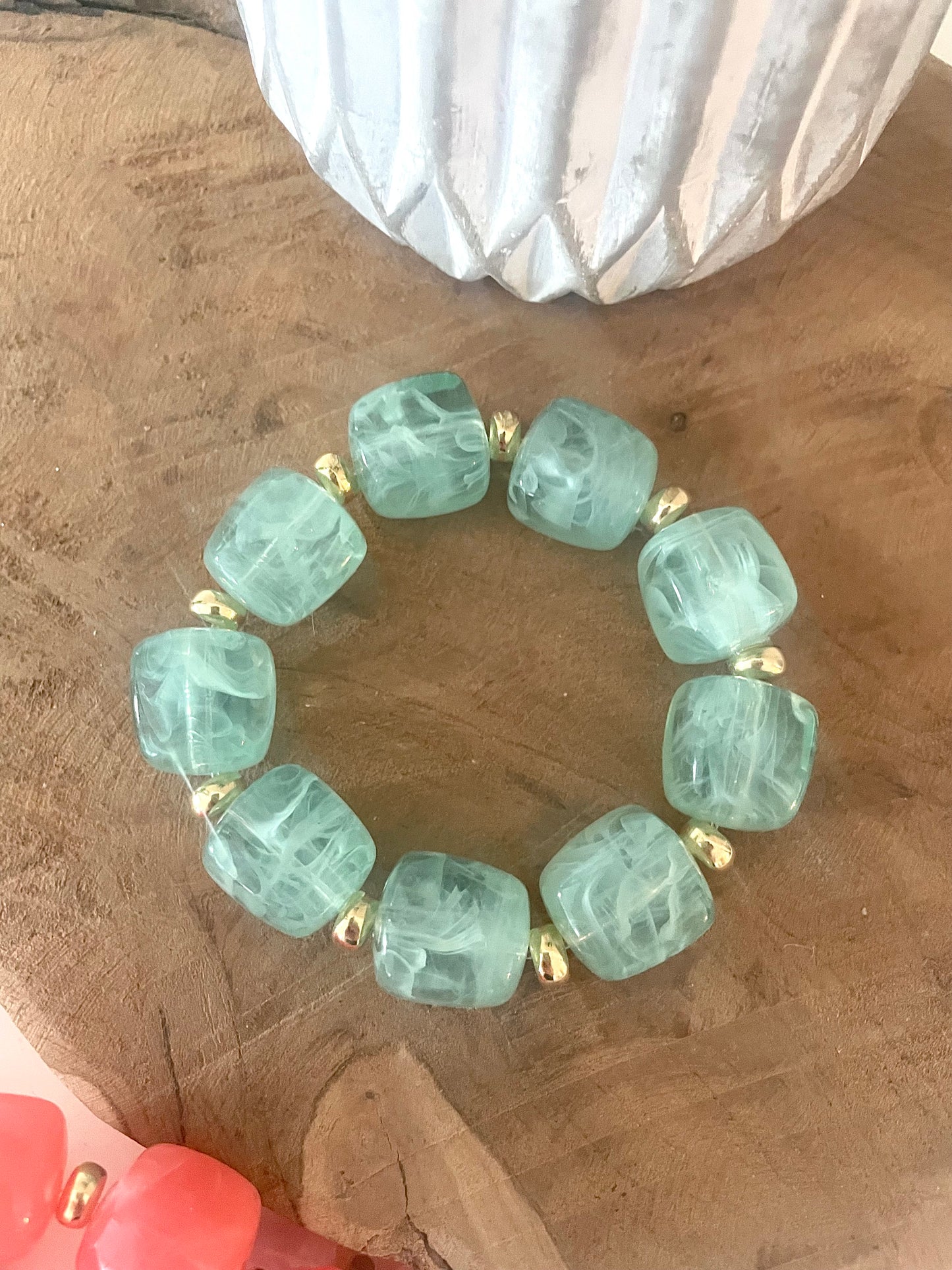 bracelet SOLENE bleu vert translucide grosses perles