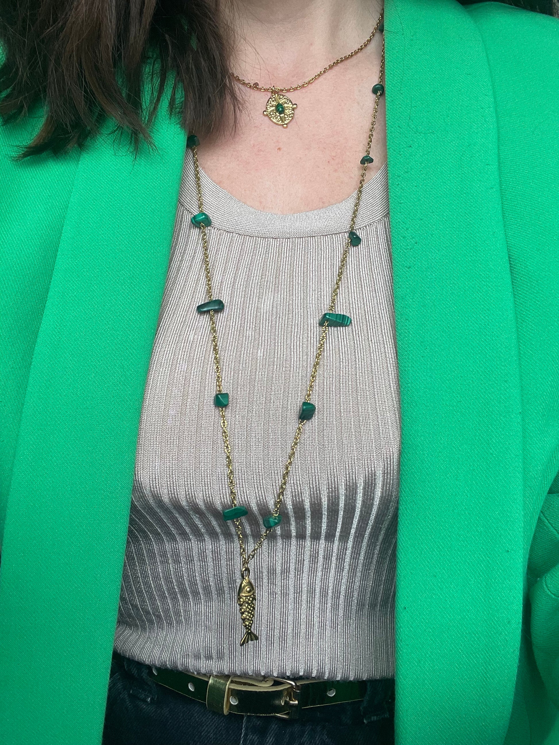 Porté sautoir poisson malachite doré