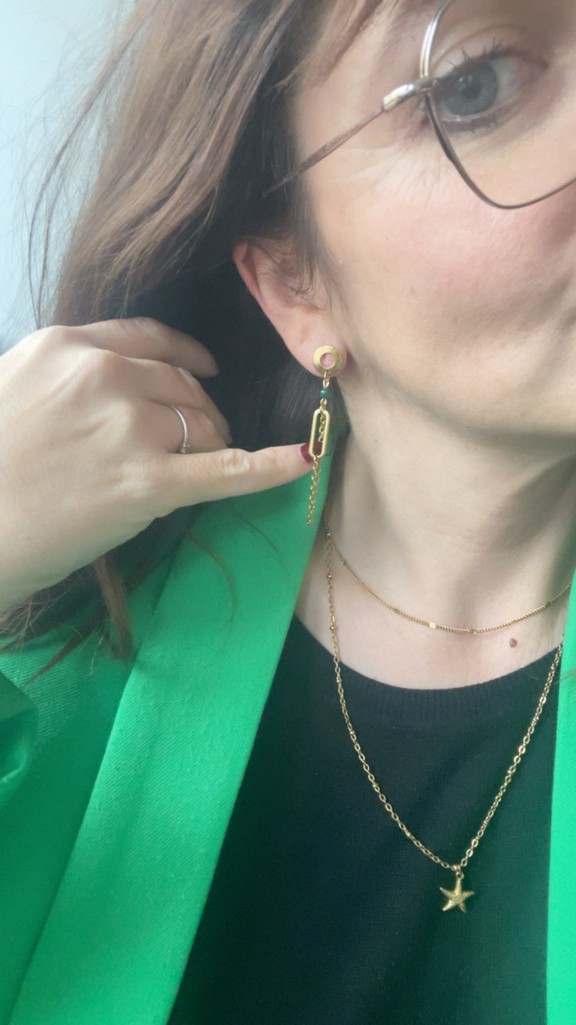 Boucles portées doré et malachite 2 en 1