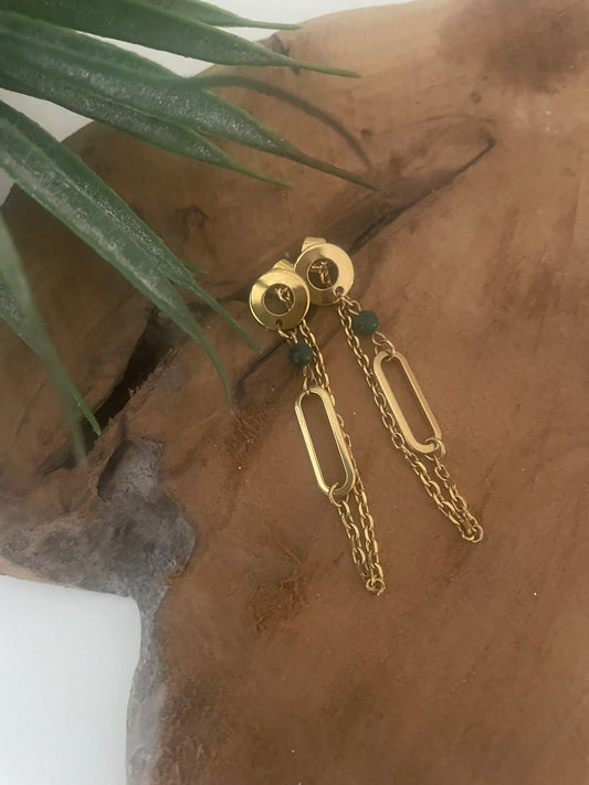 Boucles pendantes 2 en 1 dorées et malachite verte