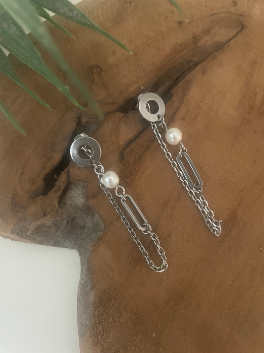 Boucles d'oreilles 2 en 1 argentées et perle eau douce naturelle
