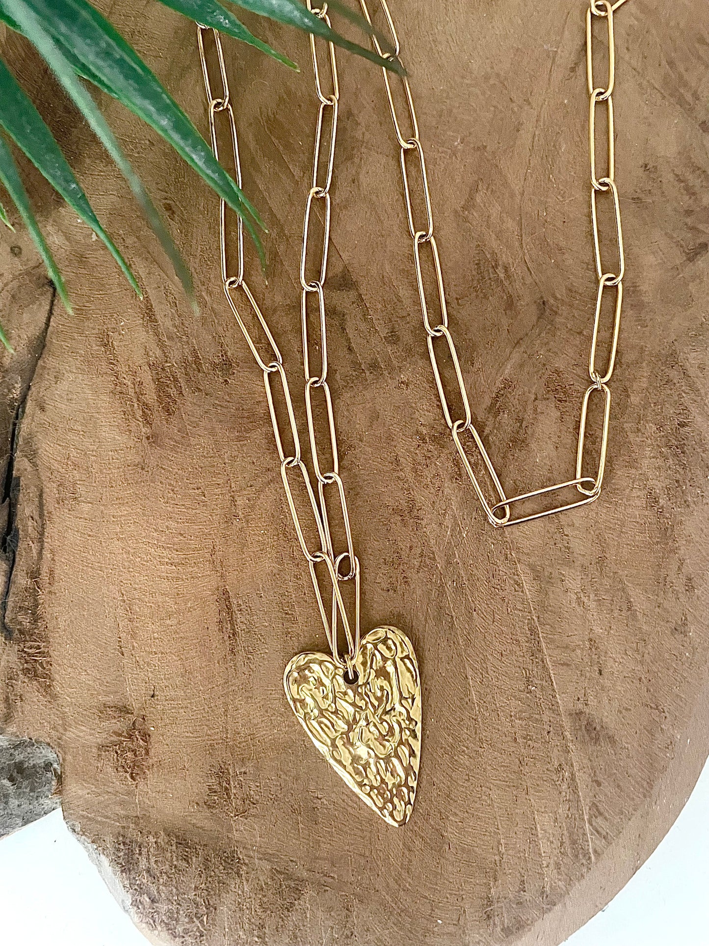 Collier sautoir coeur martelé doré acier inoxydable grosse chaîne