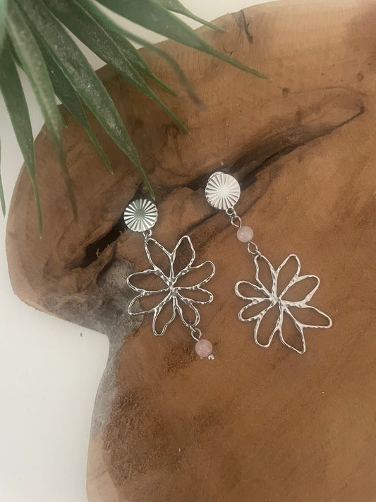 Boucles fleurs argent et quartz rose