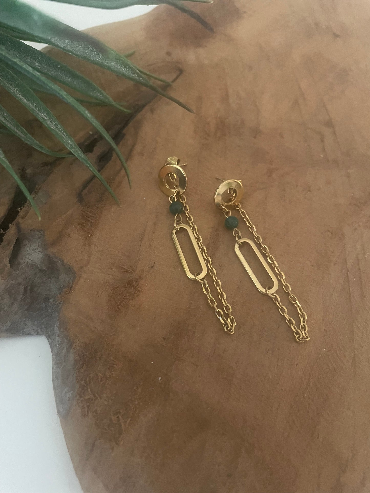 Boucles d'oreilles malachite et doré version courte modulable