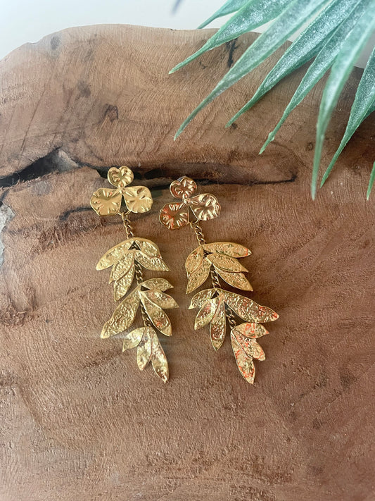 Boucles oreilles feuilles en acier inox doré thème nature bohème chictendance