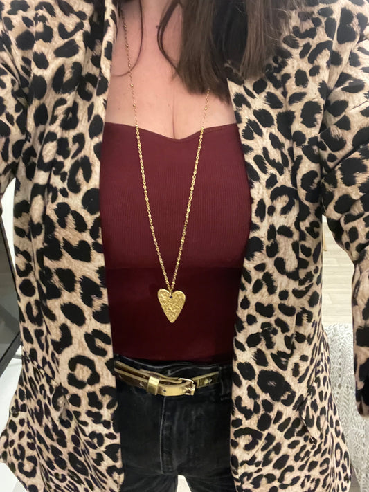 Porté sautoir coeur doré martelé chaîne boule