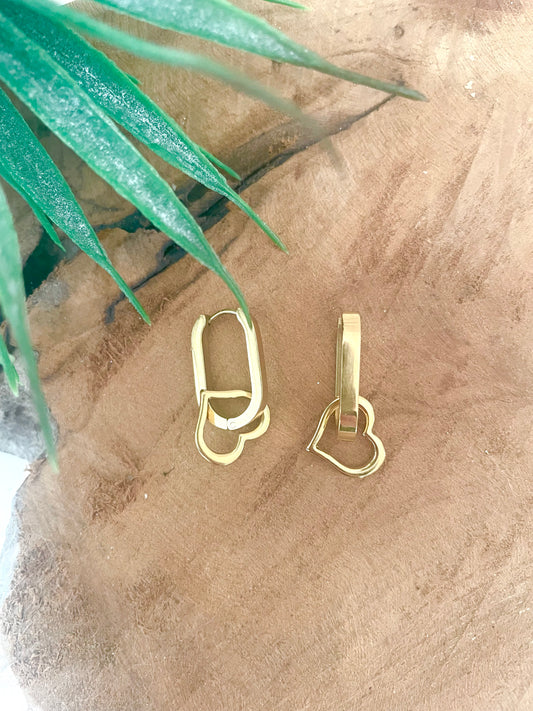 Boucles d’oreilles pendant coeur acier inox doré anneau ovale