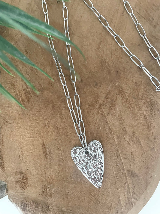 Collier sautoir acier inoxydable argent coeur martelé grosse chaîne