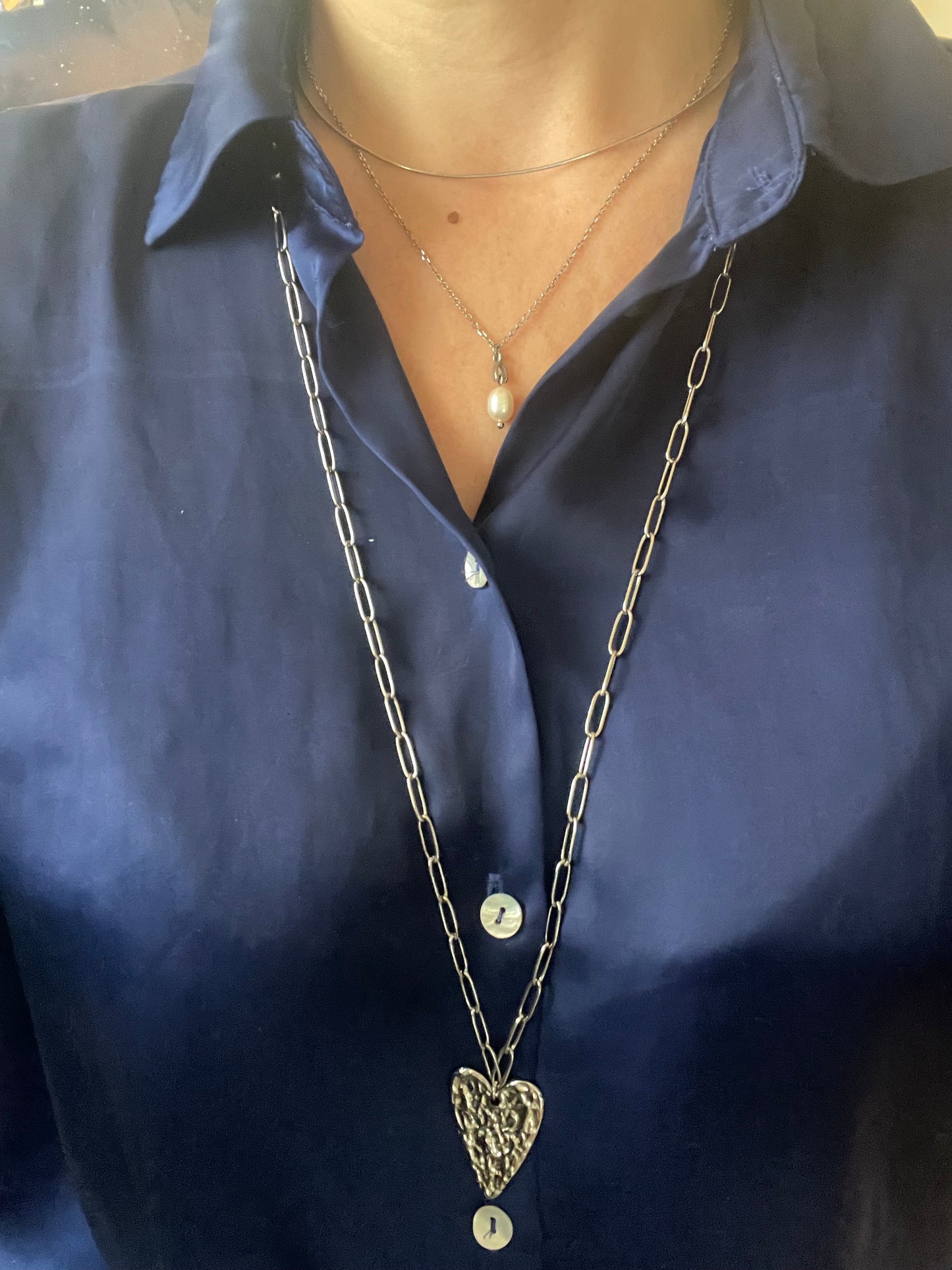 Porté sautoir coeur martelé argent grosse chaîne tendance 