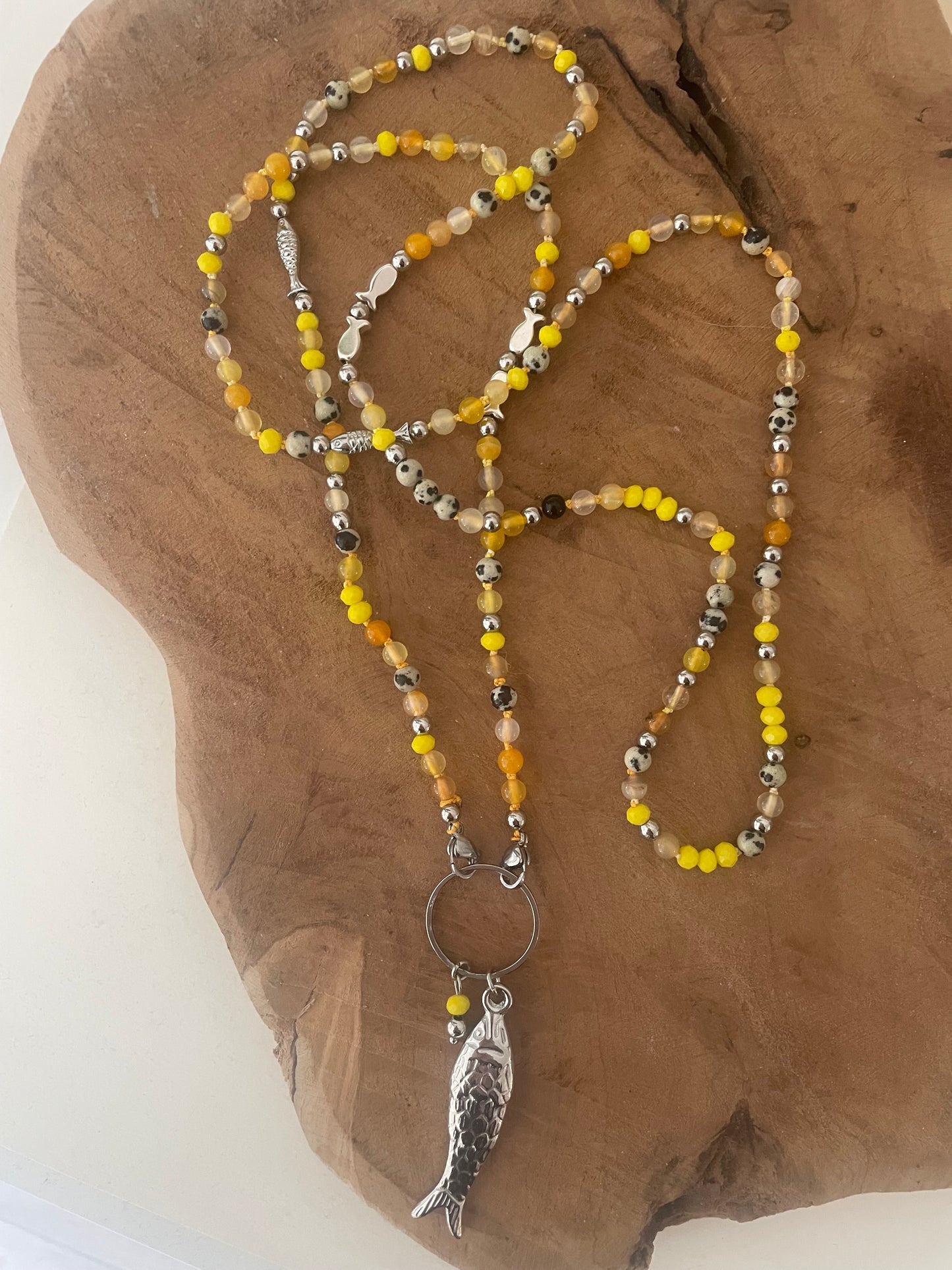 Long collier sautoir fait main pierre naturelle jaune poisson acier inoxydable