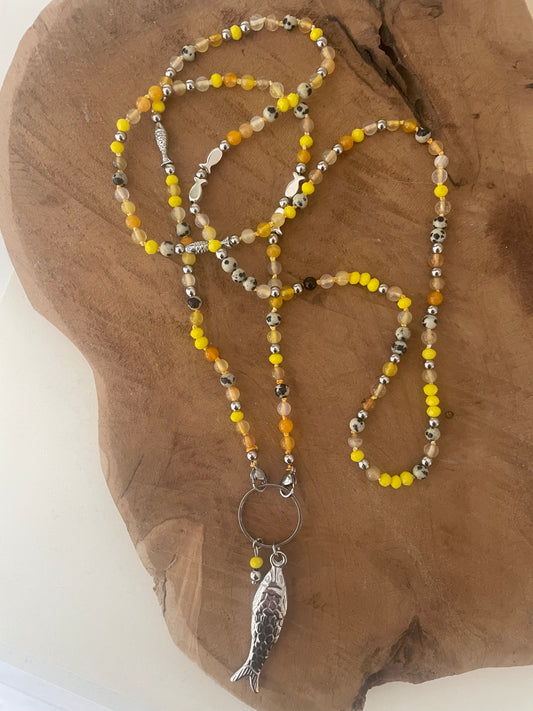 Long collier sautoir fait main pierre naturelle jaune poisson acier inoxydable