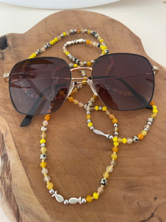 Porté sur lunettes soleil chaîne lunette poisson Jacqueline tons jaune noir et argenté