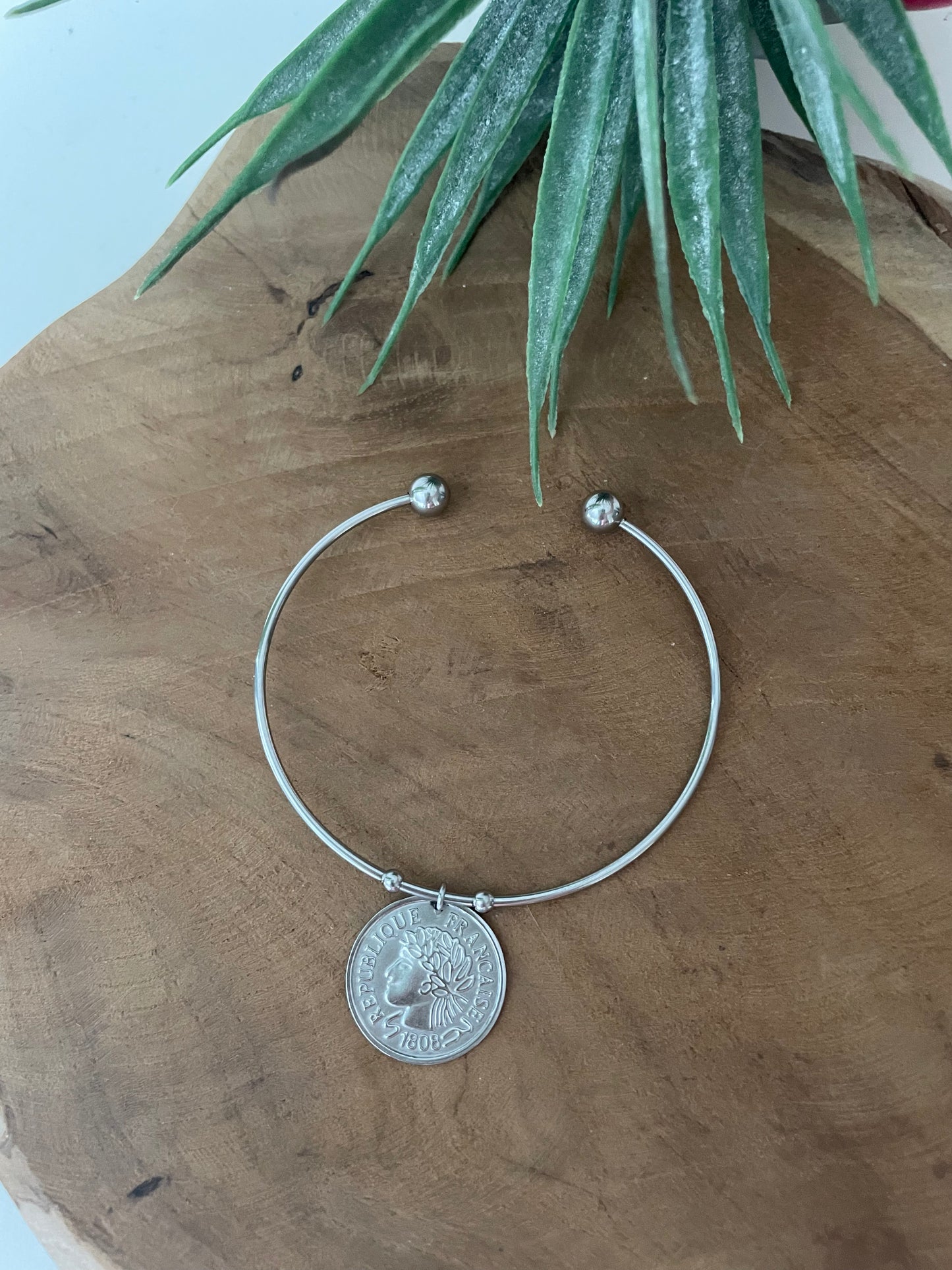 Bracelet jonc monnaie française argenté