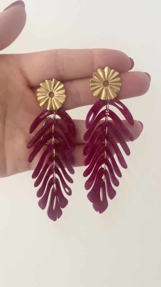 Boucles d’oreilles pendantes feuilles bordeaux et doré bohème chic